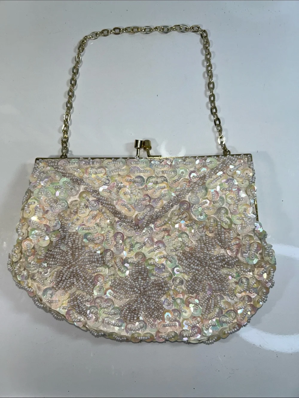 Vintage Handmade Beaded Sequined Evening Clutch W/ Chain